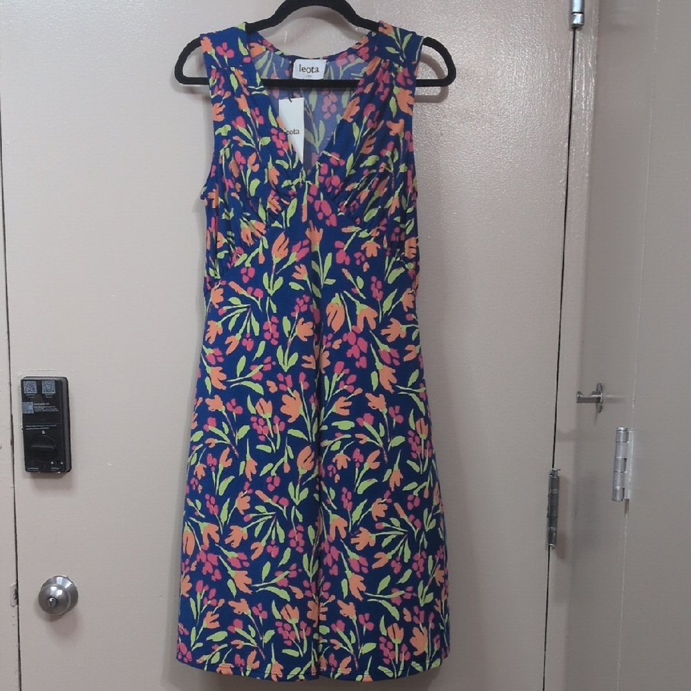 NWT LEOTA Blue and Pink Sleeveless V-Neck Sundress, size L - Picture 1 of 7